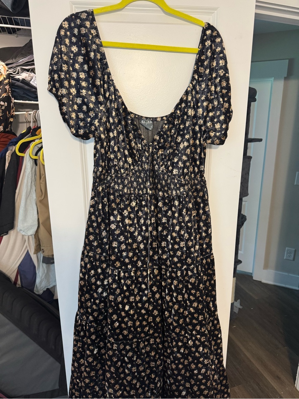 ARULA Black Midi Dress with Cream Floral Print and Puff Sleeves